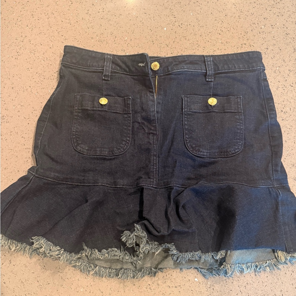 Michael Kors Dark Wash Denim Skirt with Frayed Ruffle Hem